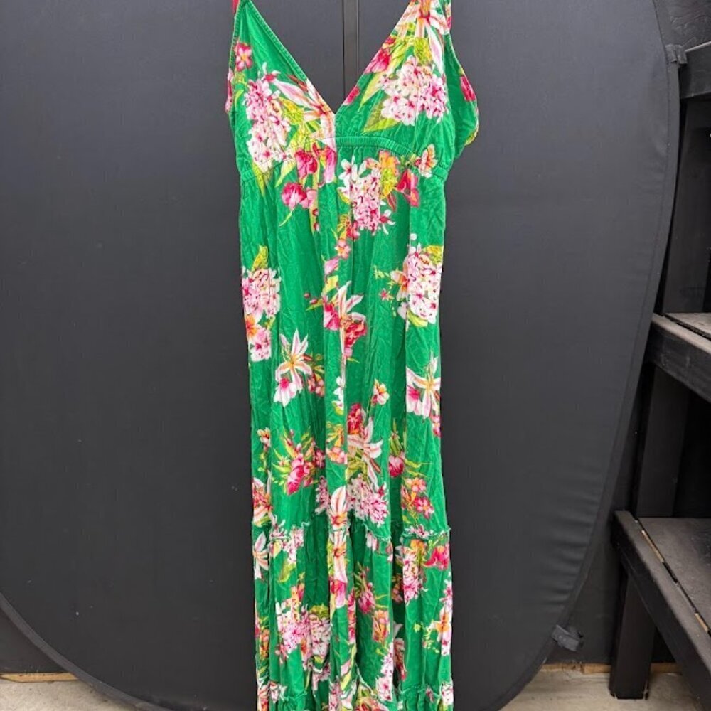Express Green Floral Ruffle Tie Strap Maxi Dress